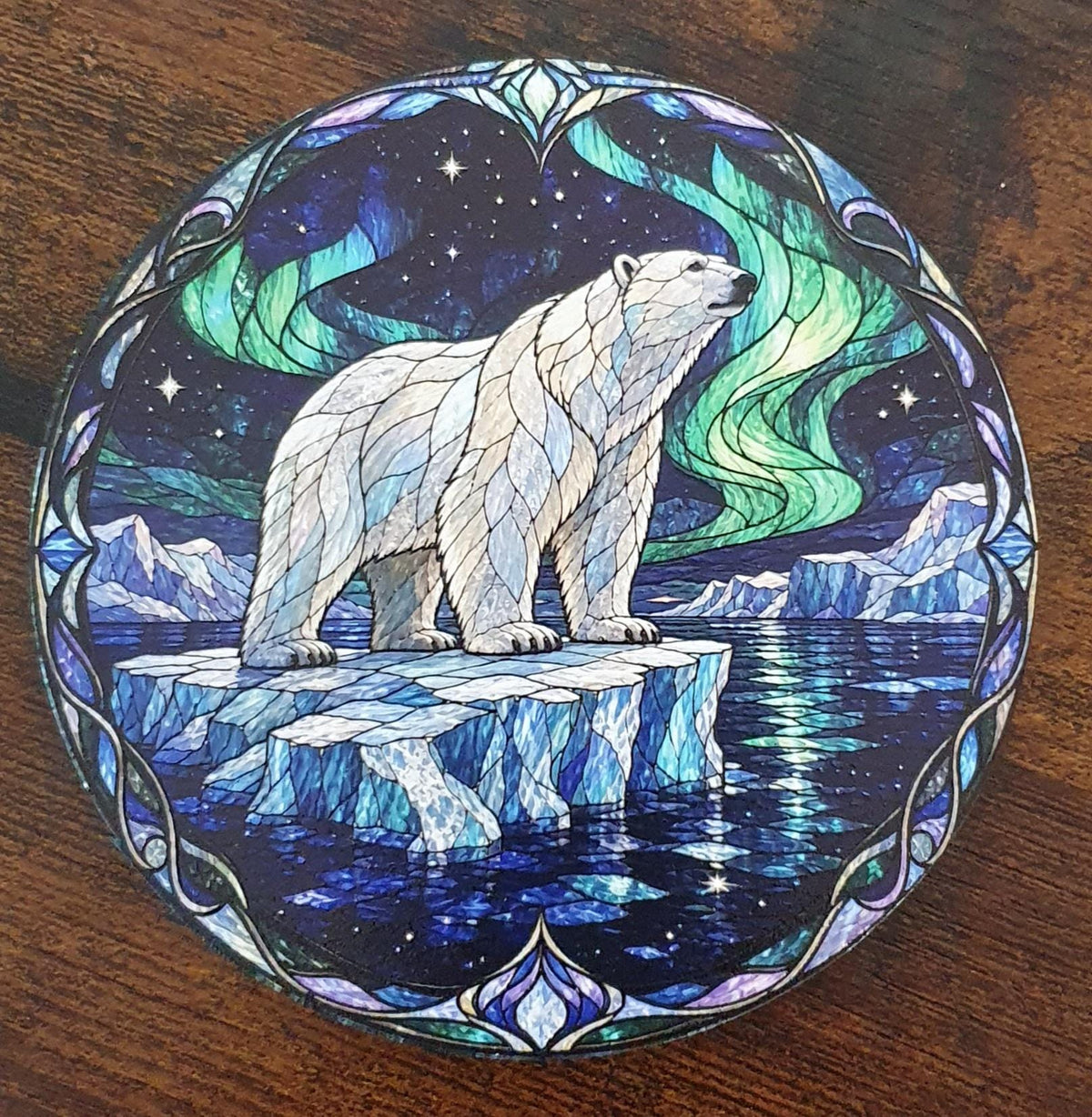 Polar bear stained-glass style coaster standing on floating Arctic ice beneath vibrant Aurora Borealis with snowy mountains and ocean reflections.