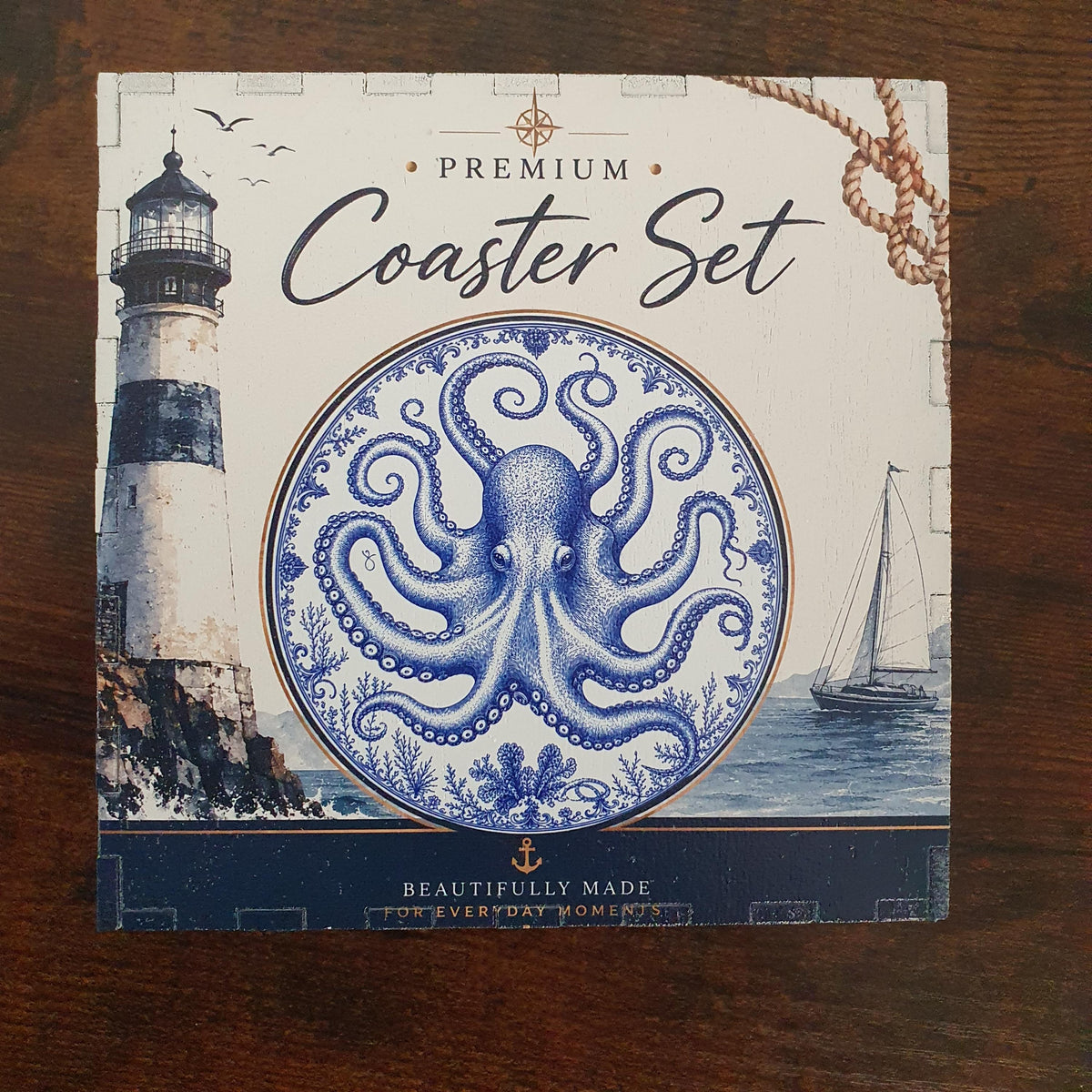 Nautical coaster collection displaying octopus, whale, jellyfish, manta ray, crab and seahorse designs.