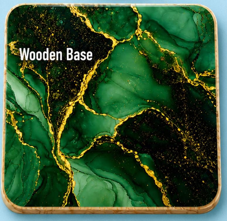 Premium 10cm emerald green marble drinks coaster featuring rich jade, forest and emerald green tones with sparkling gold veining. Available in Acrylic, Wood or Ceramic with a glossy finish, ideal for protecting surfaces while adding a luxurious contemporary touch to any home.
