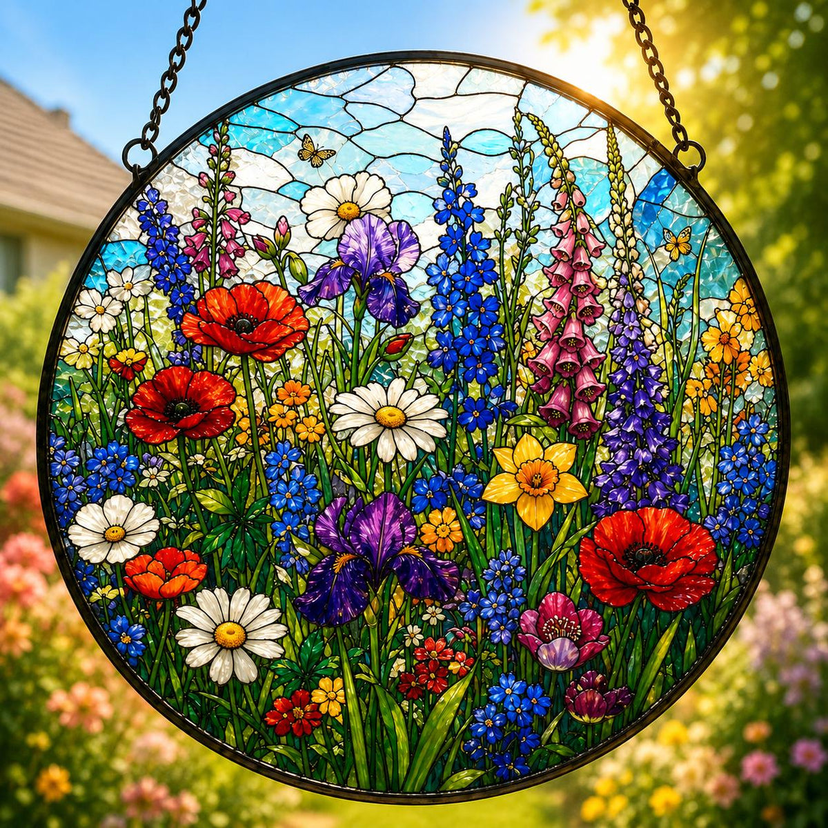 Round stained glass style floral suncatcher featuring colourful English wildflowers, bright red poppies, daisies, purple irises, blue delphiniums and pink foxgloves against a sunny countryside background.