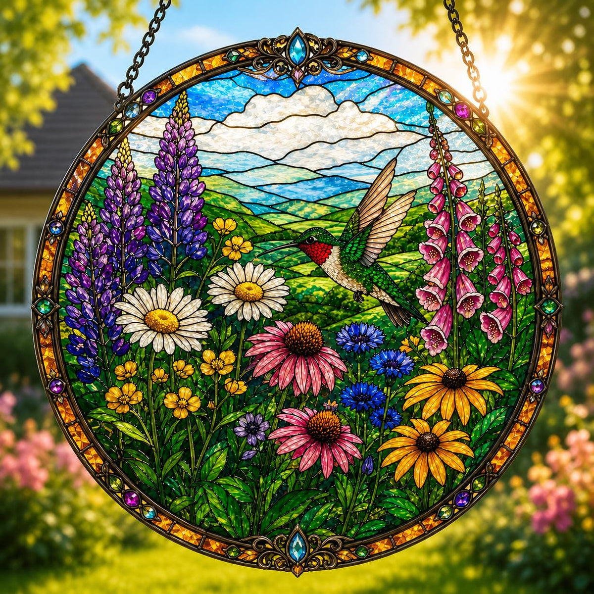 Decorative stained glass style hummingbird suncatcher with colourful meadow flowers including lupins, daisies, echinacea and foxgloves set against rolling green hills and blue skies.