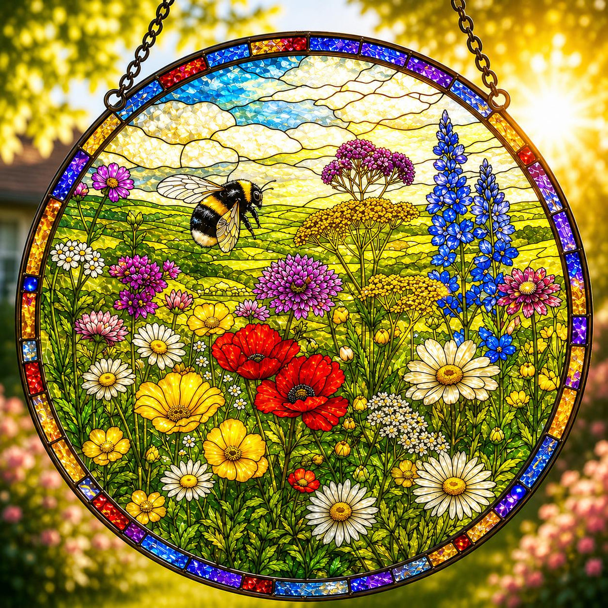 Wildflower meadow stained glass style suncatcher featuring a bumblebee hovering above colourful meadow flowers including poppies, daisies, yarrow and lupins with a decorative stained glass border.