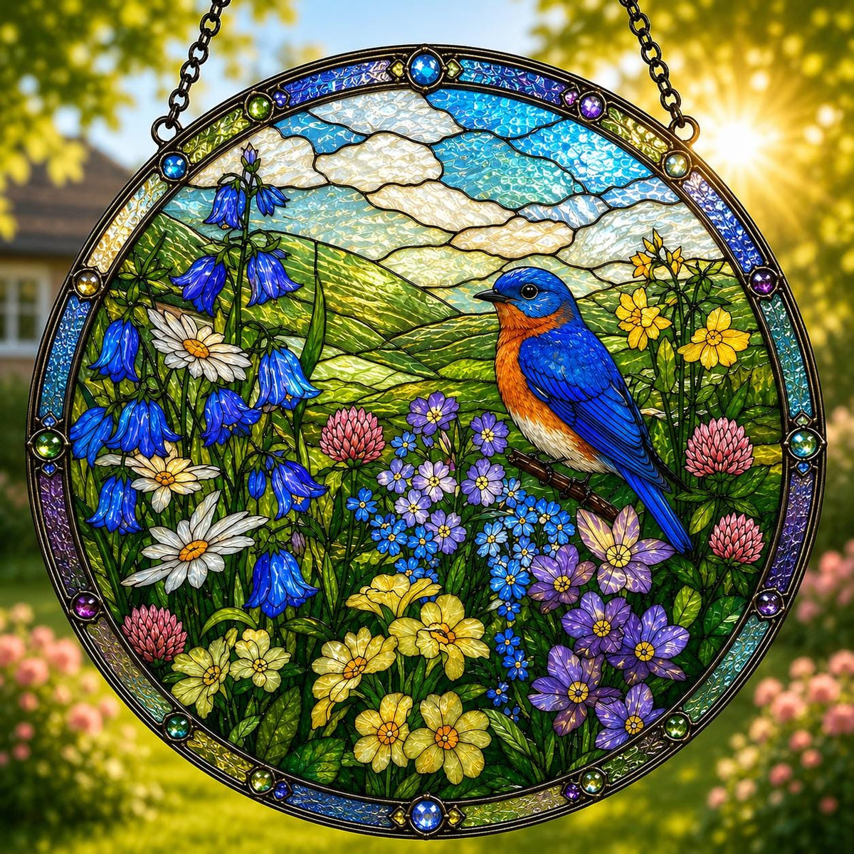 Bluebird stained glass style suncatcher featuring a vibrant blue bird perched among bluebells, primroses, daisies and wildflowers with rolling green hills and decorative gemstone border.