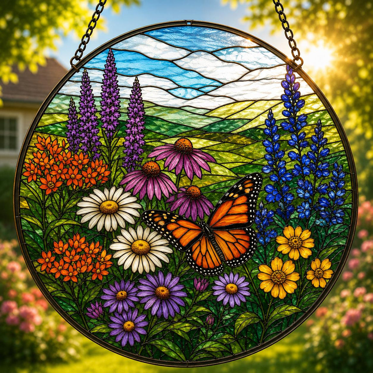 Wildflower meadow stained glass style suncatcher featuring a monarch butterfly surrounded by vibrant daisies, purple coneflowers, blue lupins and colourful summer flowers in a countryside landscape.
