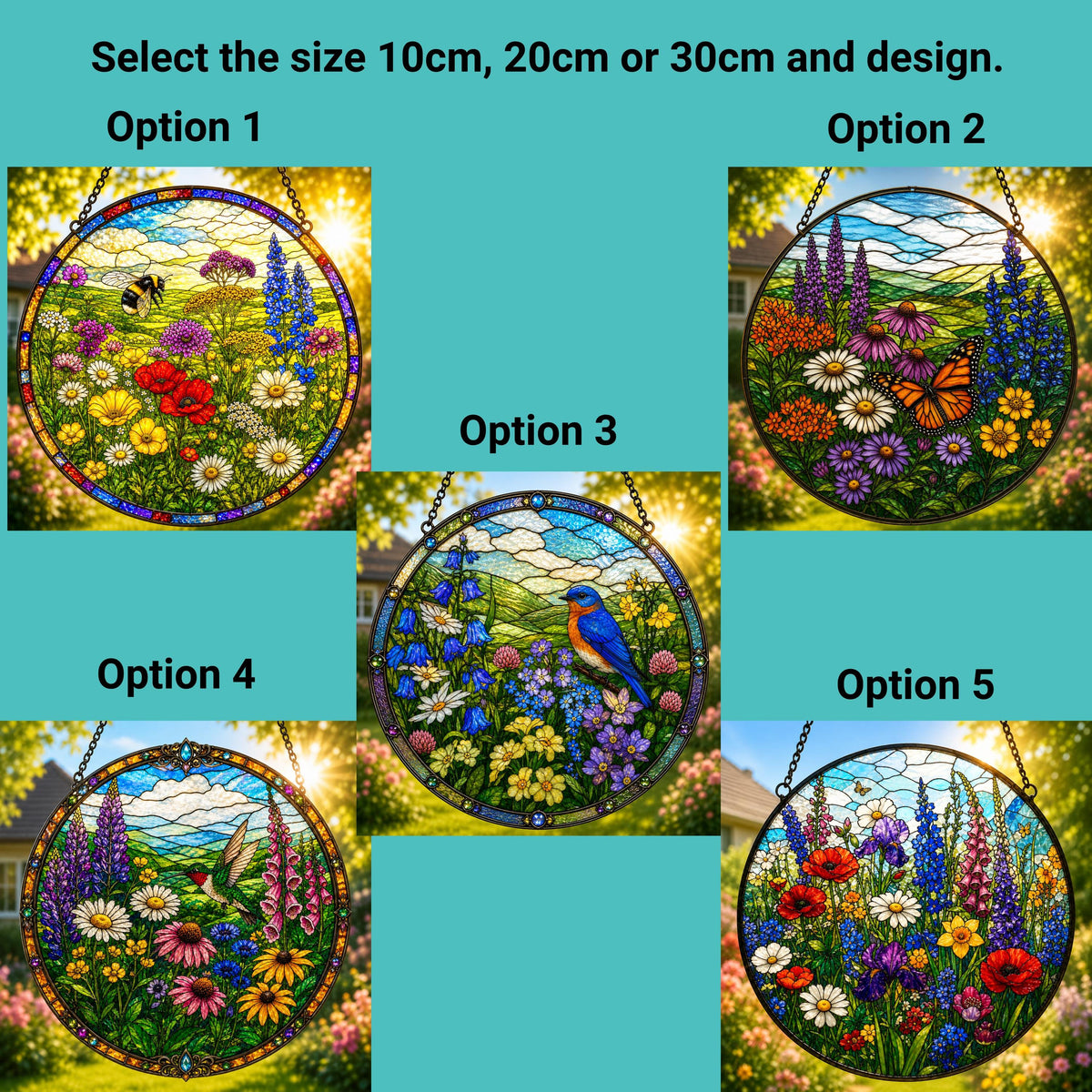 Selection board showing five stained glass style floral suncatcher designs available in 10cm, 20cm and 30cm sizes, featuring colourful wildflowers, birds, butterflies and meadow scenes.