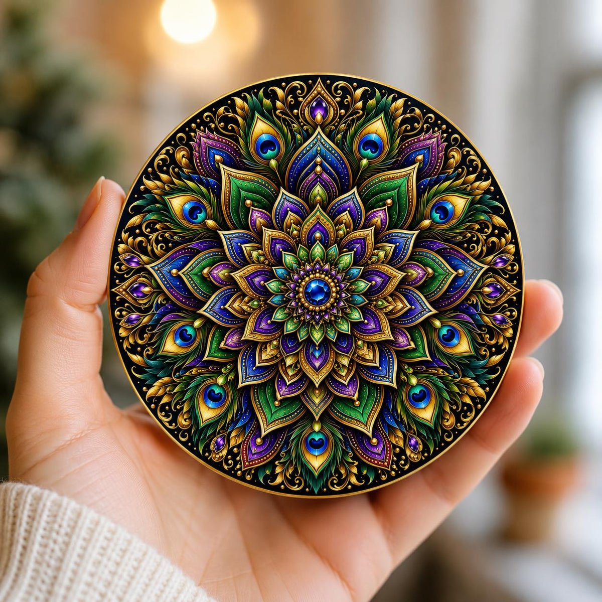 Colourful stained-glass effect mandala coaster featuring intricate peacock feathers, jewel-toned floral patterns and elegant gold detailing on a circular design.