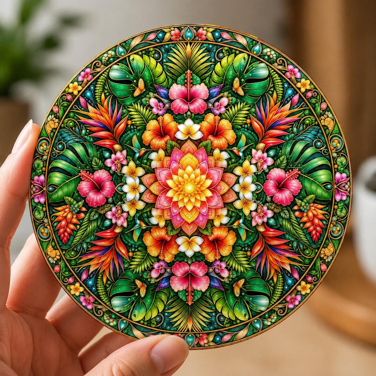 Tropical stained-glass effect mandala coaster featuring hibiscus flowers, bird of paradise blooms, lush green leaves and vibrant botanical patterns in pink, orange, yellow and turquoise.