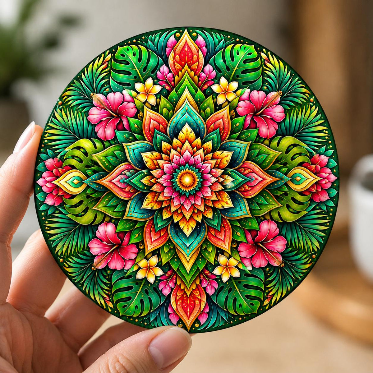 Tropical stained-glass effect mandala coaster featuring vibrant hibiscus flowers, monstera leaves, palm fronds and colourful botanical patterns in green, pink, orange and turquoise.