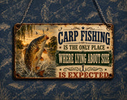Funny acrylic hanging fishing sign featuring a leaping Carp and vintage distressed artwork, complete with metal hanging chain for man caves, fishing lodges and anglers.