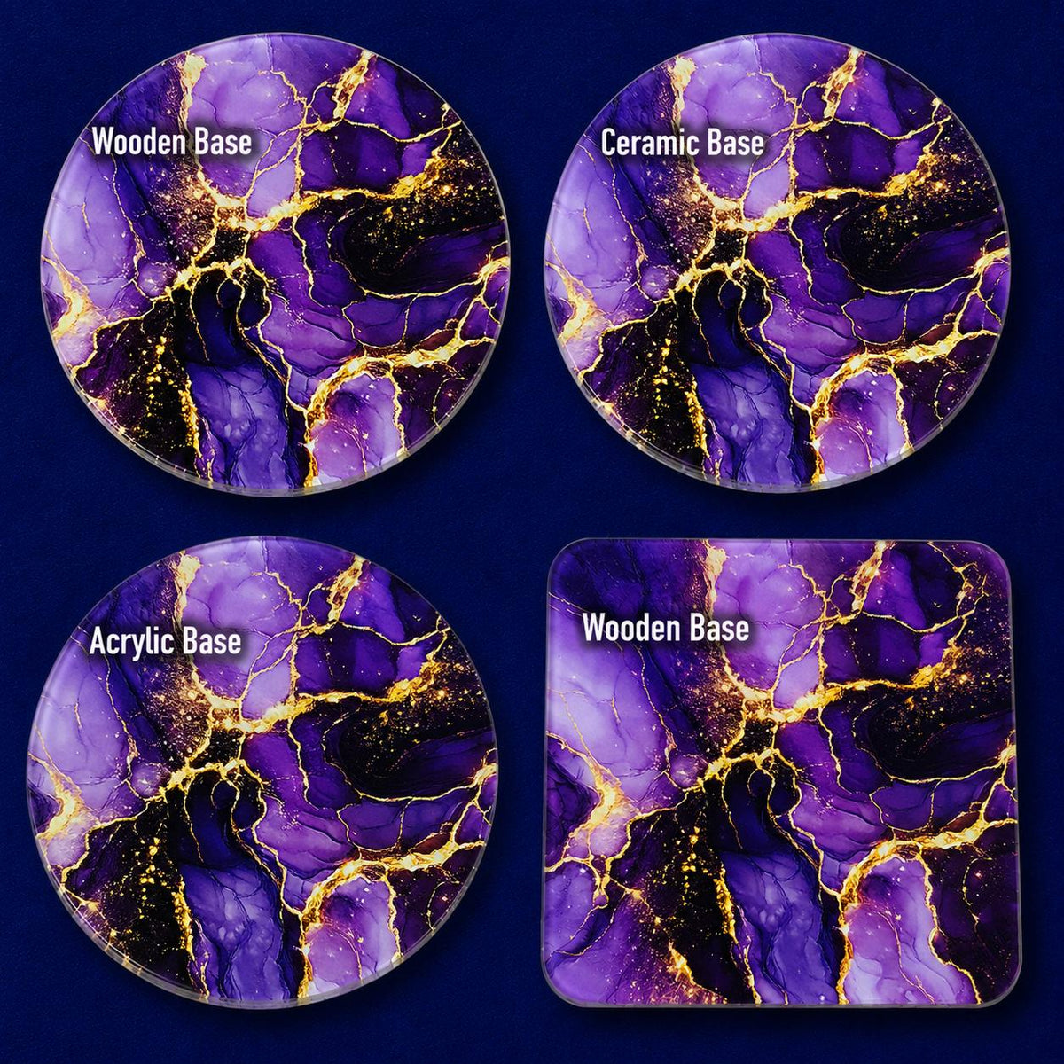 Set of luxury purple and gold marble effect coasters available in 10cm Acrylic, Wooden and Ceramic options. Elegant alcohol ink inspired design with shimmering gold veins, perfect for modern home décor, coffee tables and thoughtful housewarming gifts.