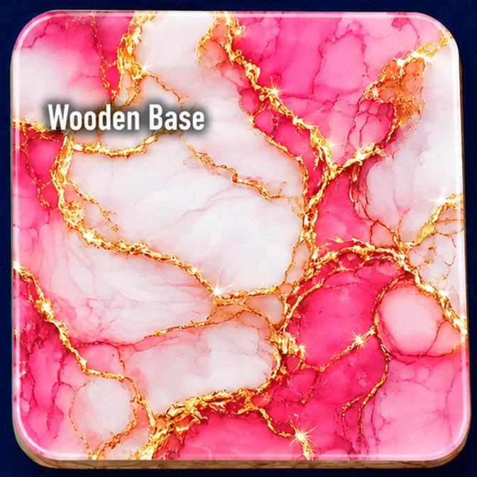 Premium 10cm pink marble drinks coaster featuring bright white marble, vibrant pink tones and sparkling metallic gold veining. Available in Acrylic, Wood or Ceramic, ideal for protecting surfaces while adding a luxurious decorative touch.