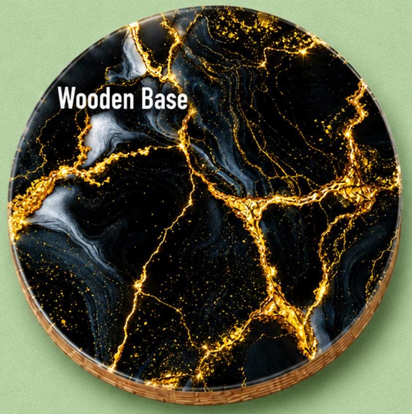 Premium 10cm black marble drinks coaster featuring deep black and charcoal tones with sparkling gold veining. Available in Acrylic, Wood or Ceramic with a glossy finish, ideal for protecting surfaces while adding a luxurious contemporary touch to any home.