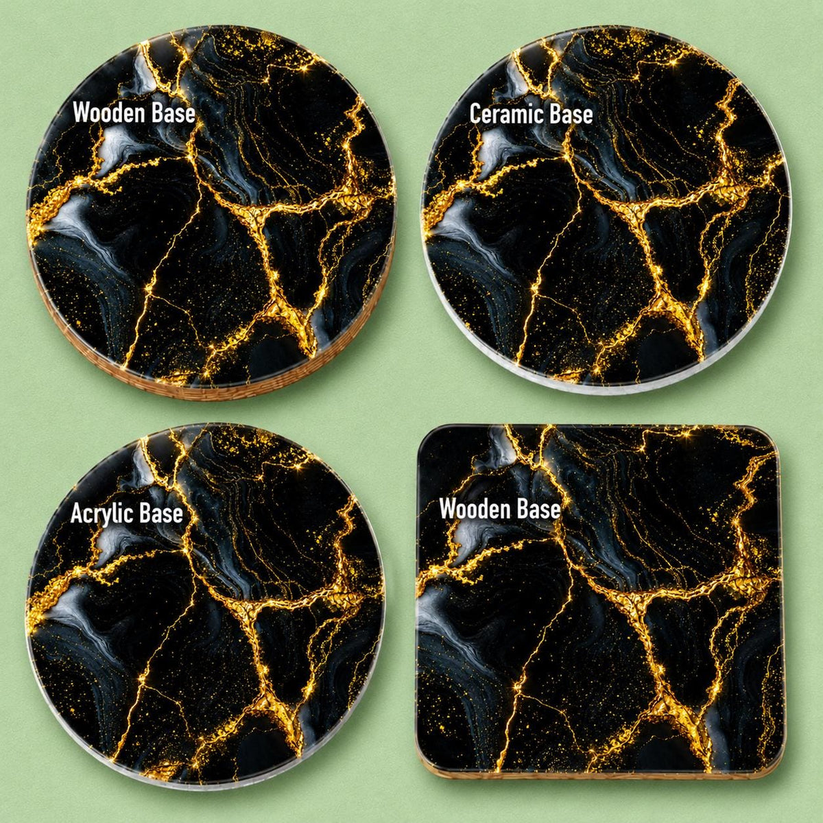 Luxury black and gold marble effect coaster set available in 10cm Acrylic, Wooden and Ceramic options. Elegant alcohol ink inspired design with shimmering metallic gold veins, perfect for modern home décor, coffee tables and stylish housewarming gifts.