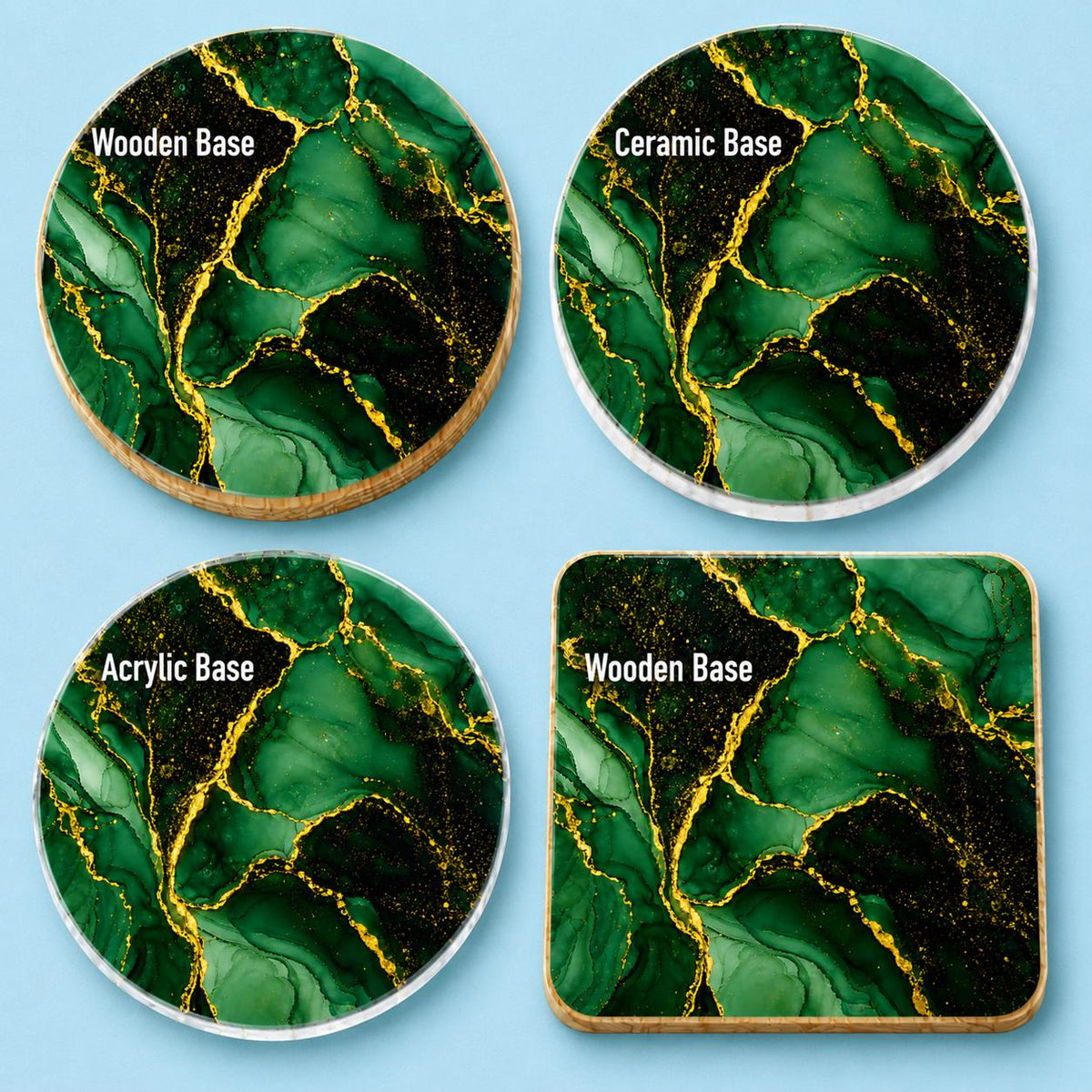Luxury emerald green and gold marble effect coaster set available in 10cm Acrylic, Wooden and Ceramic options. Elegant alcohol ink inspired design with shimmering metallic gold veins, perfect for modern home décor, coffee tables and stylish housewarming gifts.