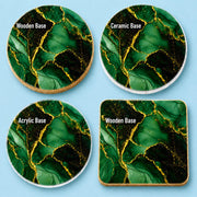 Luxury emerald green and gold marble effect coaster set available in 10cm Acrylic, Wooden and Ceramic options. Elegant alcohol ink inspired design with shimmering metallic gold veins, perfect for modern home décor, coffee tables and stylish housewarming gifts.
