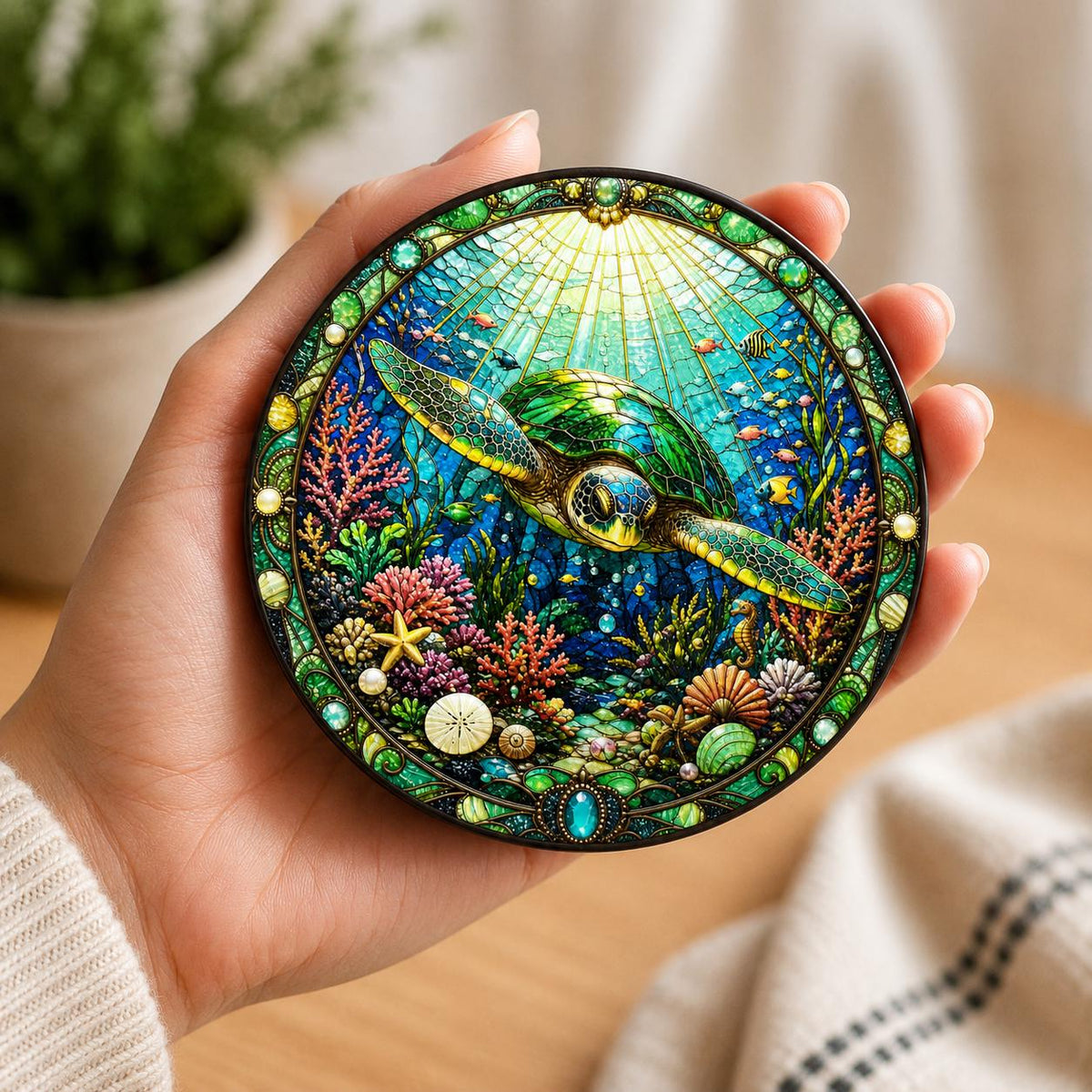 Premium 10cm round sea turtle drink coasters showcasing detailed underwater artwork with vibrant blues, greens and golds, available in acrylic, ceramic or natural wood finishes.