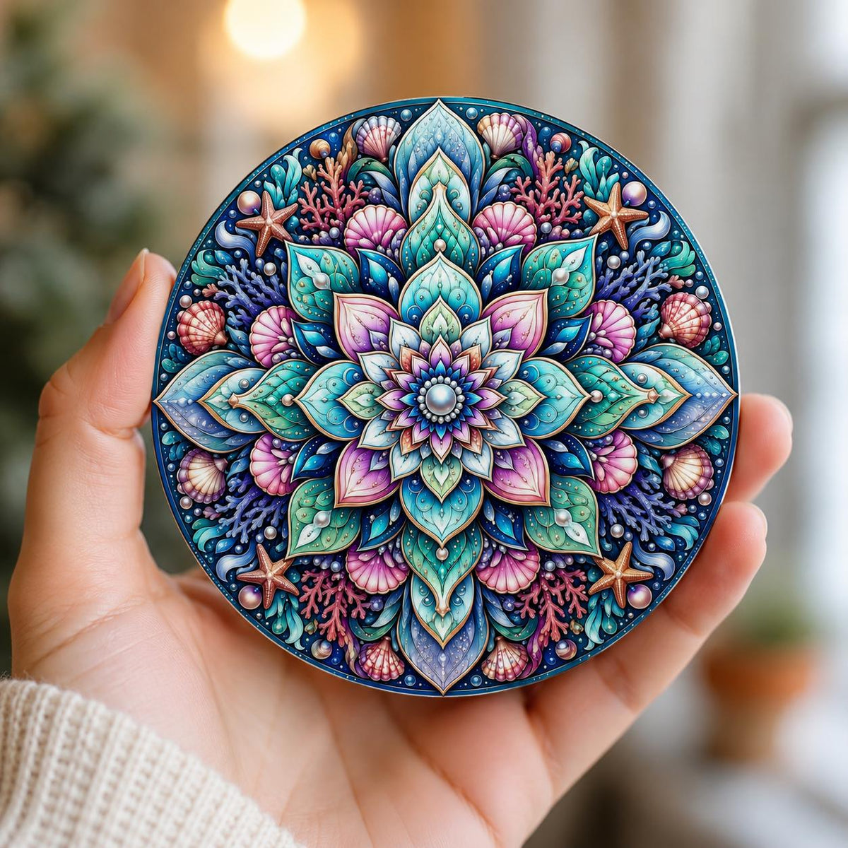 Coastal stained-glass effect mandala coaster featuring pastel seashells, coral, starfish and ocean-inspired floral patterns in turquoise, pink and blue.