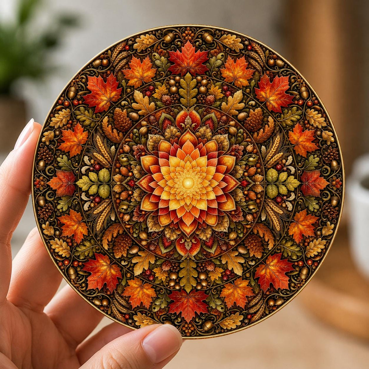 Autumn stained-glass effect mandala coaster featuring colourful maple leaves, oak leaves, acorns, pinecones and woodland foliage in warm orange, red, gold and bronze tones.