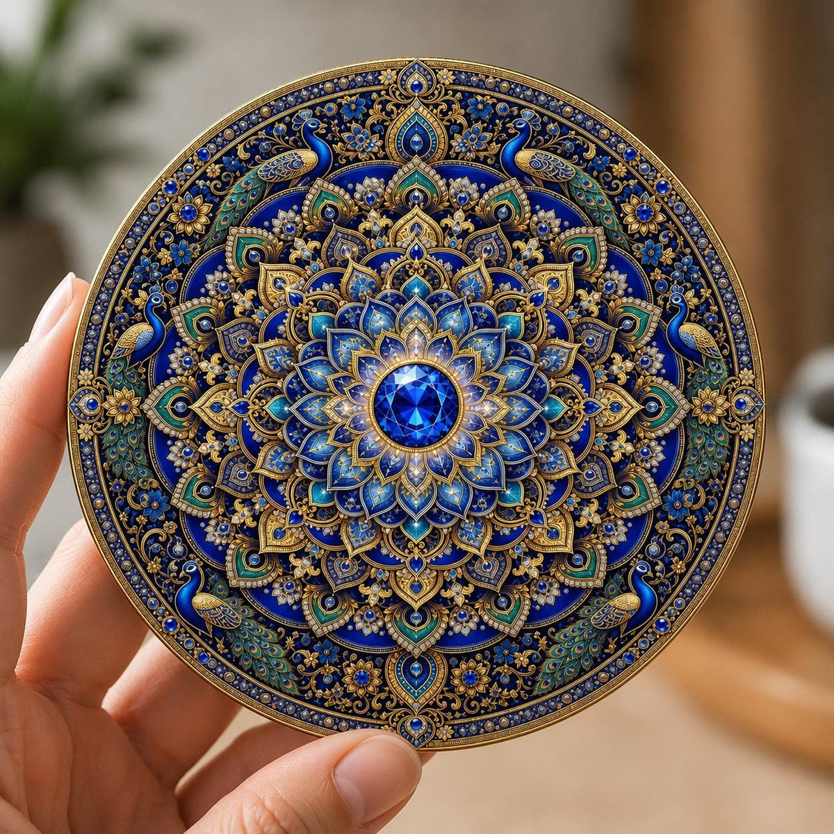 Luxury stained-glass effect peacock mandala coaster featuring intricate blue and gold floral patterns, elegant peacocks and a sapphire gemstone centre.