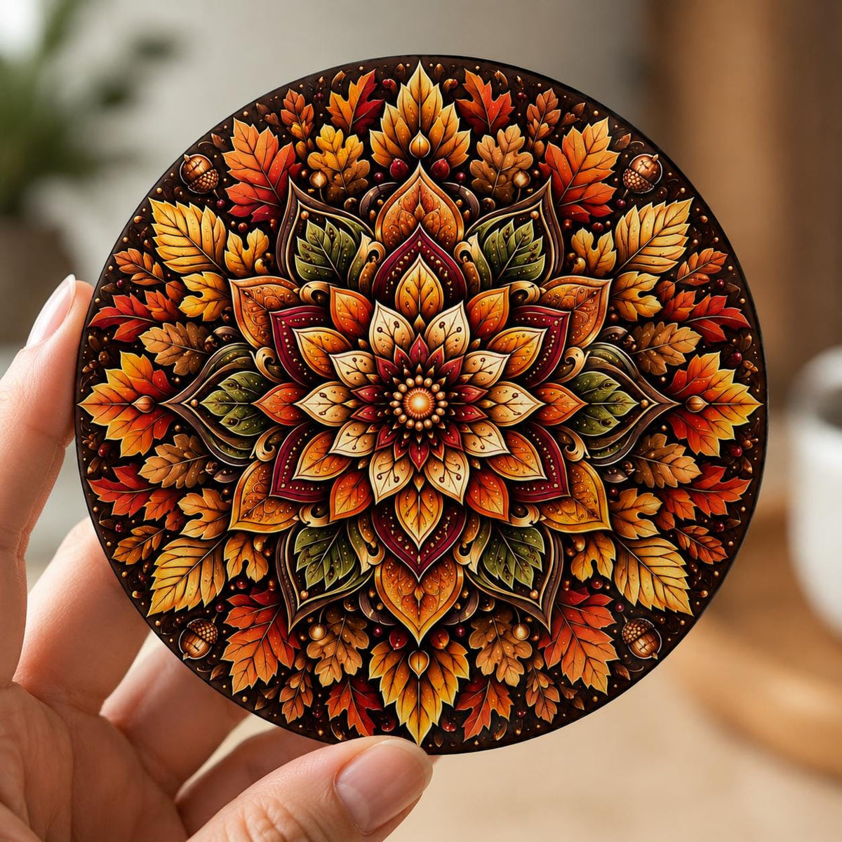 Autumn stained-glass effect mandala coaster featuring vibrant maple leaves, oak leaves, acorns and botanical details in warm shades of orange, red, gold and brown.
