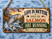 Vintage-style Salmon fishing acrylic wall sign with humorous quote, realistic jumping trout illustration and hanging chain, perfect gift for fishermen, sheds, cabins and home bars.
