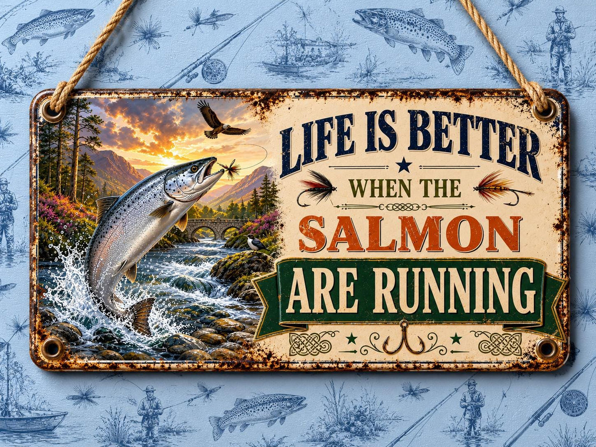 Vintage-style Salmon fishing acrylic wall sign with humorous quote, realistic jumping trout illustration and hanging chain, perfect gift for fishermen, sheds, cabins and home bars.