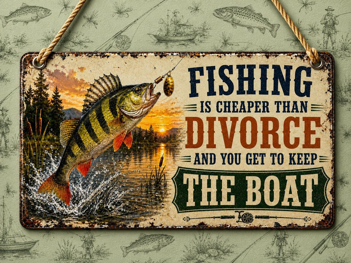 Funny fishing acrylic hanging sign featuring a jumping Perch with the quote "Fishing Is Cheaper Than Divorce And You Get To Keep The Boat", available in 3 sizes with hanging chain and choice of 10 UK fish including Pike, Carp, Salmon, Trout, Grayling, Perch, Tench, Barbel, Chub and Roach.