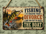 Funny fishing acrylic hanging sign featuring a jumping Perch with the quote "Fishing Is Cheaper Than Divorce And You Get To Keep The Boat", available in 3 sizes with hanging chain and choice of 10 UK fish including Pike, Carp, Salmon, Trout, Grayling, Perch, Tench, Barbel, Chub and Roach.