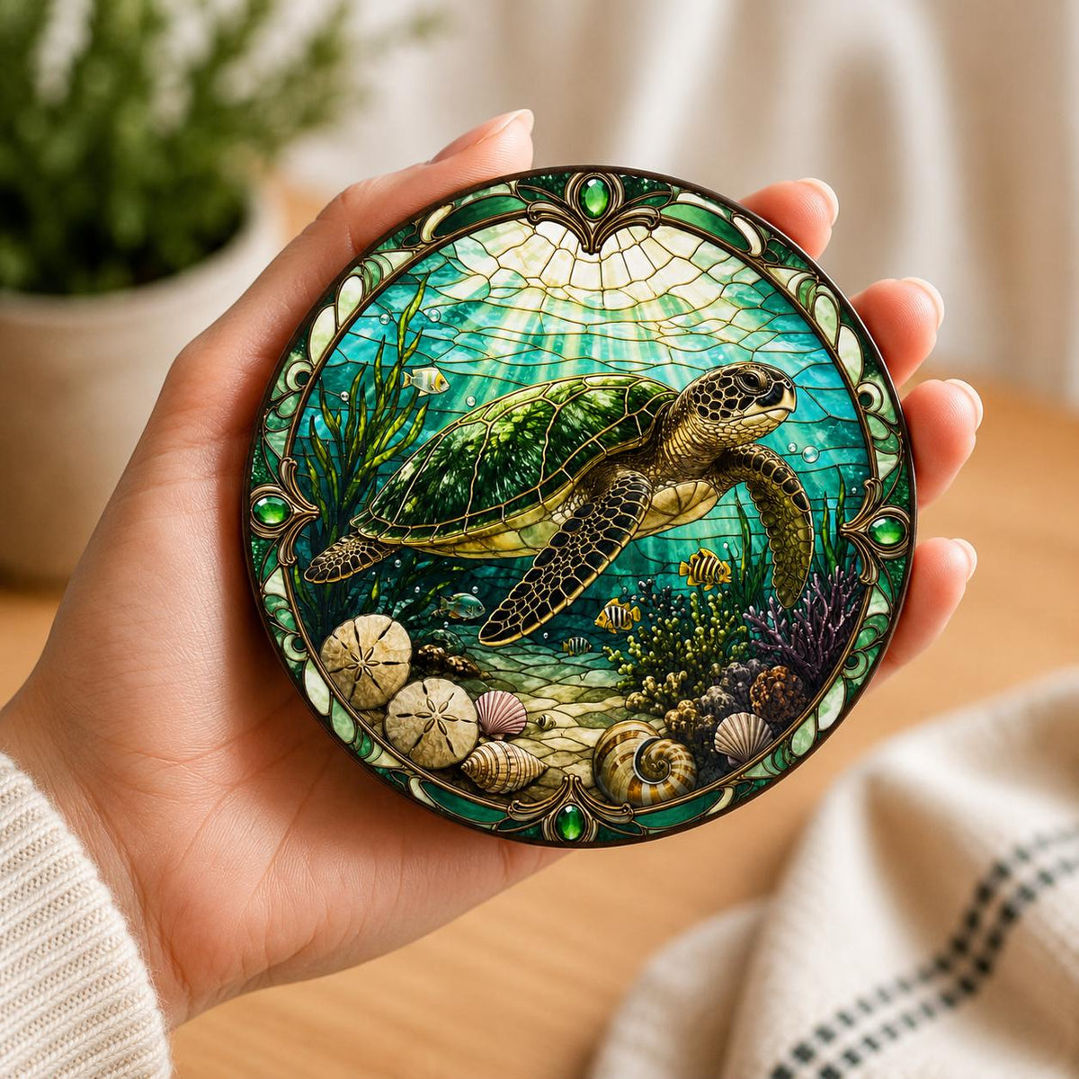 Decorative ocean wildlife coaster collection featuring graceful sea turtles swimming through colourful coral reefs with intricate stained glass inspired artwork and textured UV printed detail.