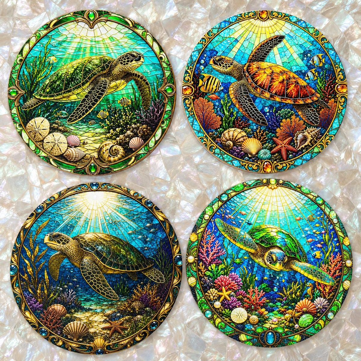Set of four stained glass style sea turtle coasters featuring colourful underwater coral reefs, tropical fish and ocean scenes printed with vibrant textured UV inks on your choice of acrylic, wood or ceramic.