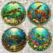 Set of four stained glass style sea turtle coasters featuring colourful underwater coral reefs, tropical fish and ocean scenes printed with vibrant textured UV inks on your choice of acrylic, wood or ceramic.