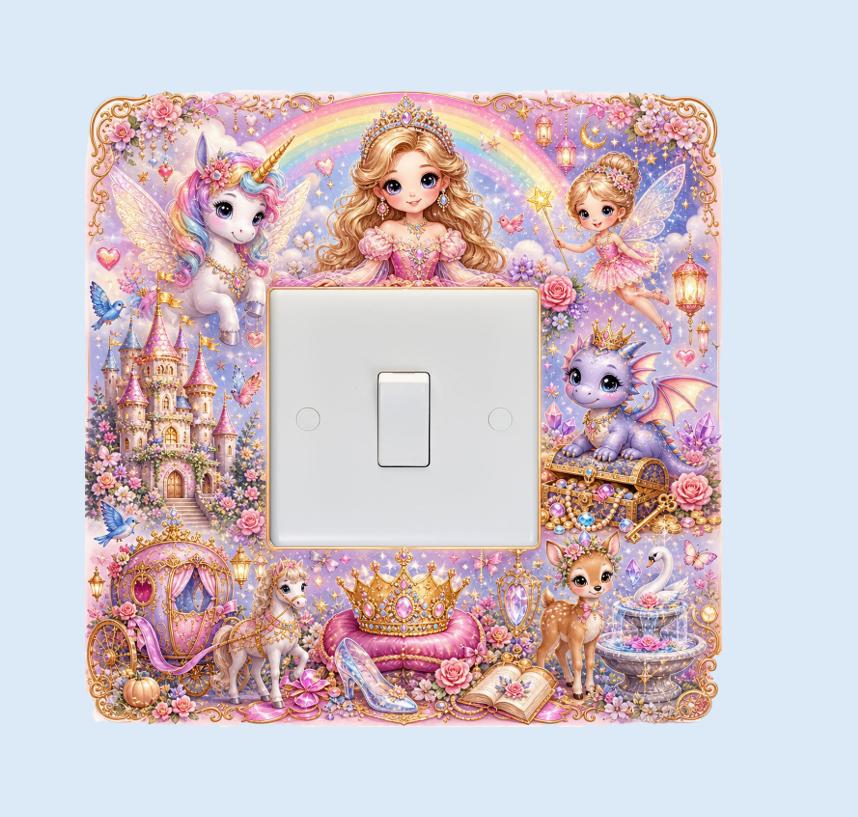 Enchanting princess light switch surround featuring a beautiful princess, unicorn, fairy, dragon, castle and royal carriage with sparkling pastel colours.