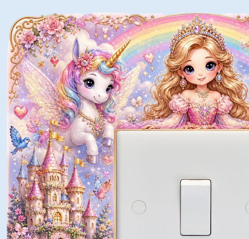 Decorative girls' bedroom light switch surround with magical fairytale artwork, designed to protect walls while adding beautiful princess room décor.