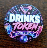 40mm Neon Night Party Drinks Token with colourful glowing cocktail design and "Redeem at the Bar" wording for event drink vouchers.