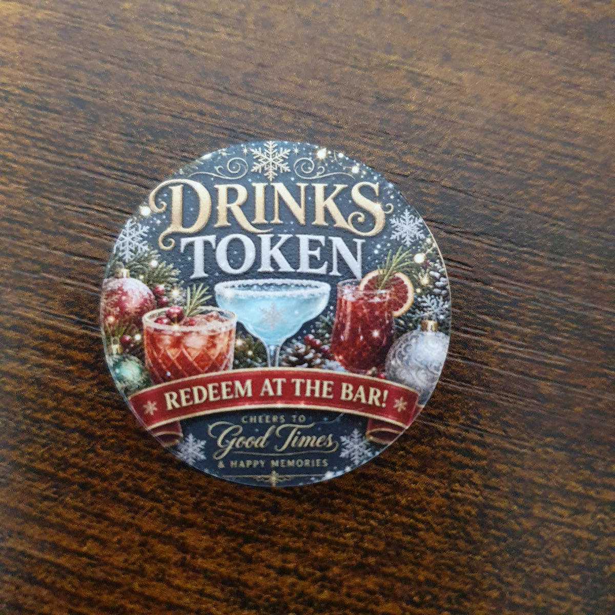 Double-sided Winter Cocktail drink token with free custom logo printing on the reverse, perfect for Christmas parties, winter weddings and festive corporate events.