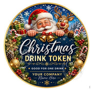 40mm Christmas Drinks Token featuring Santa Claus, Rudolph, festive decorations and "Good For One Drink" wording for holiday bar vouchers.