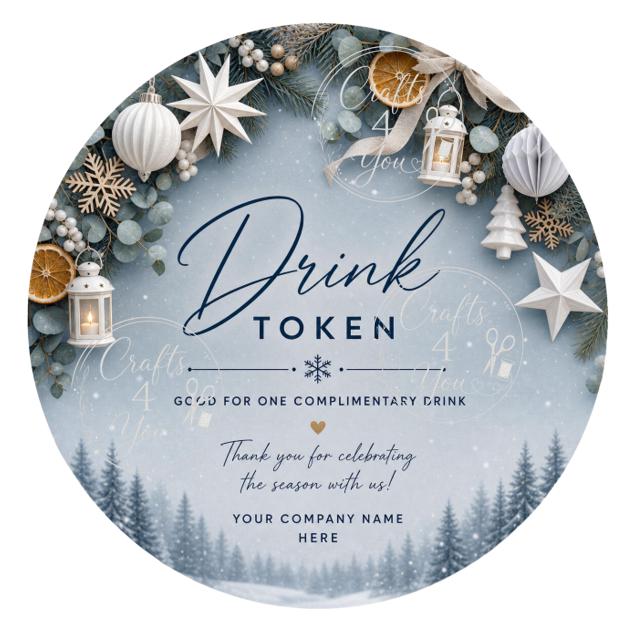 40mm Christmas Drink Token featuring snowy winter scenery, festive lanterns, ornaments and complimentary drink voucher design.