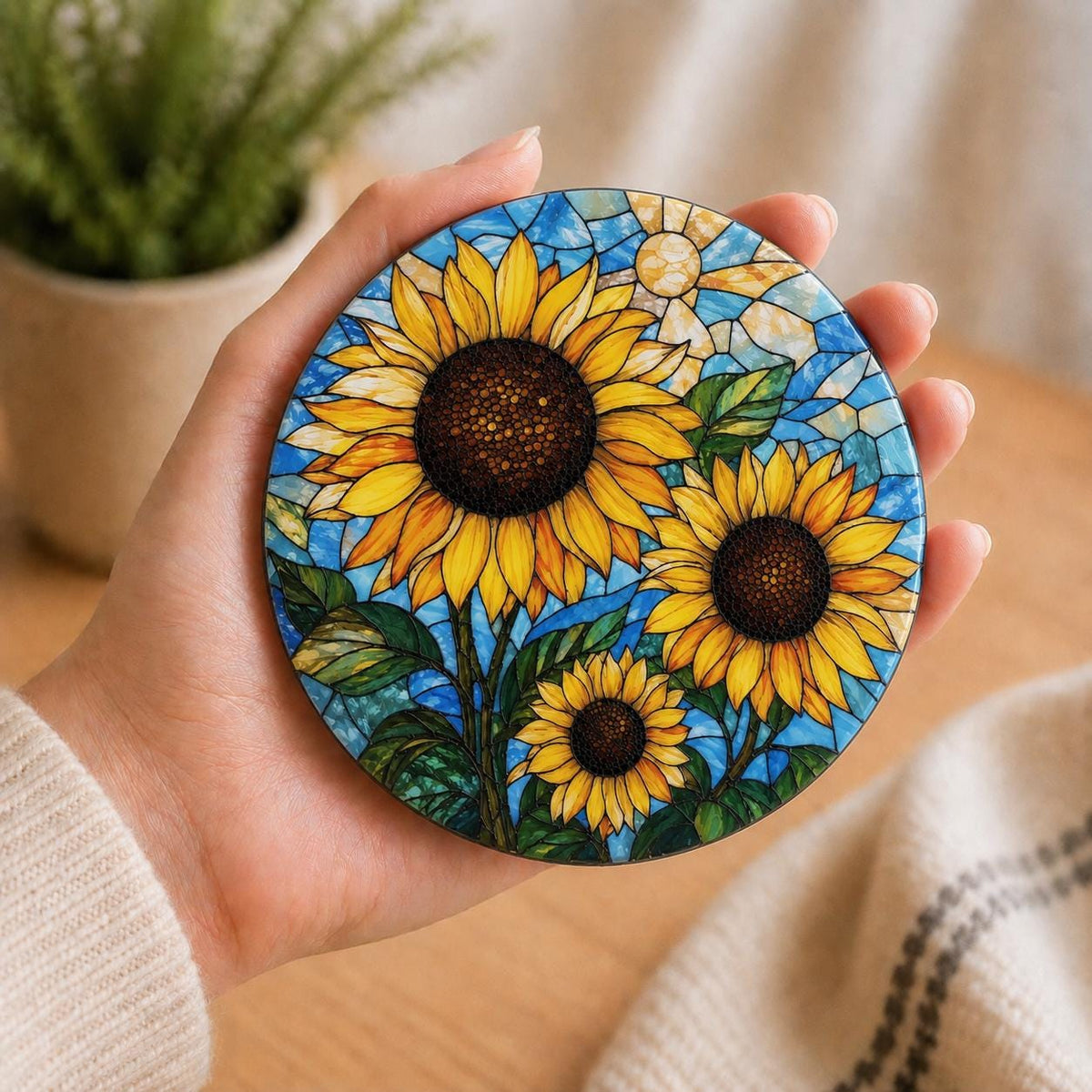 Round acrylic drink coaster featuring bright yellow sunflowers with a stained glass effect and blue sky background with sun detail