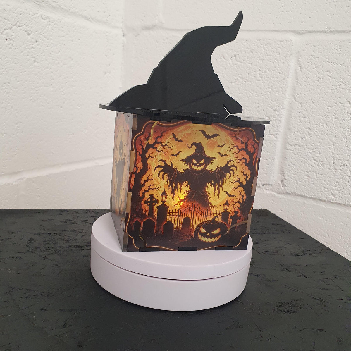 Halloween Jack O Lantern Light Box, Spooky LED Lantern, Witch Hat Halloween Decor, Haunted House Pumpkin Lamp, 10cm Cube