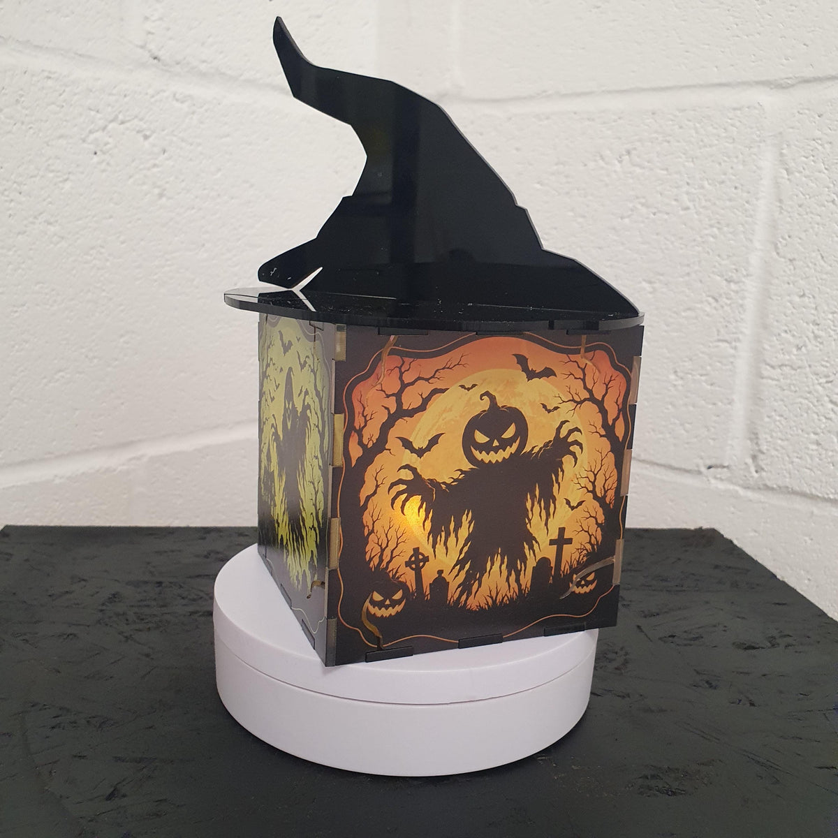 Halloween Jack O Lantern Light Box, Spooky LED Lantern, Witch Hat Halloween Decor, Haunted House Pumpkin Lamp, 10cm Cube