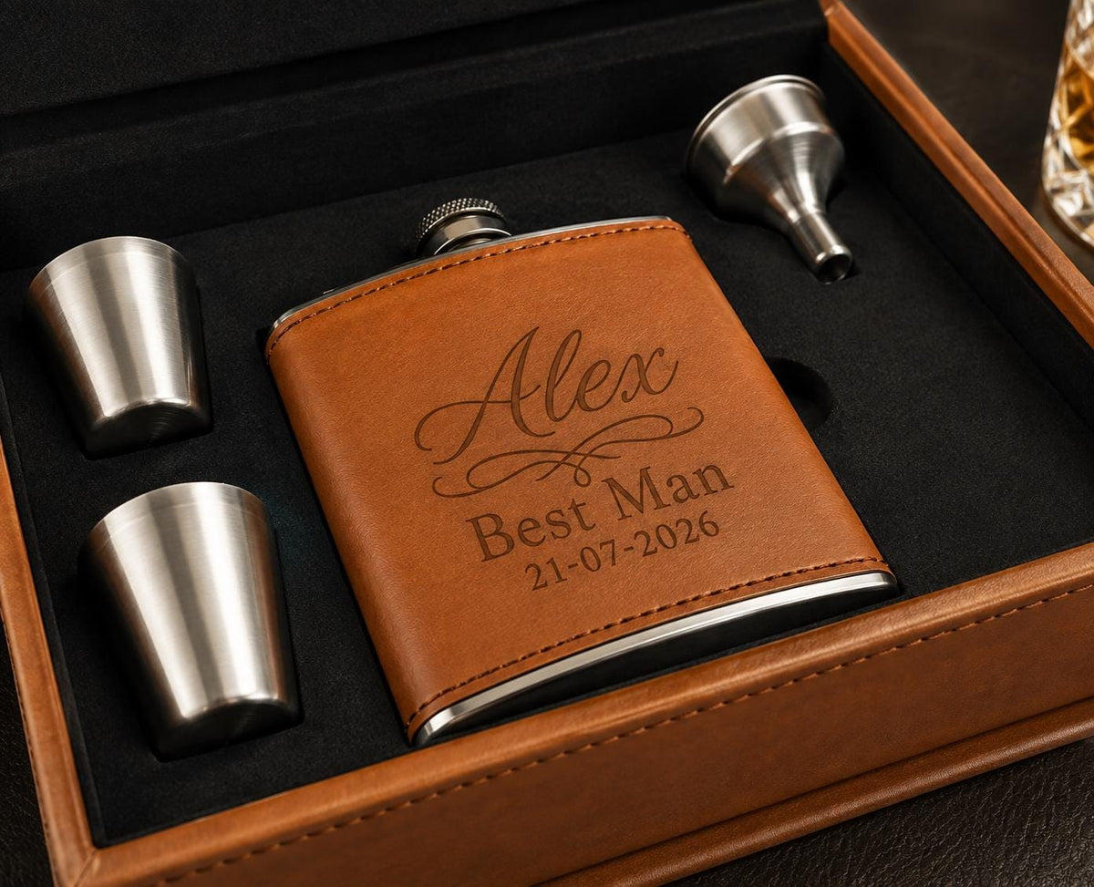 Personalised Best Man hip flask gift set with custom laser engraving on tan PU eco-leather.