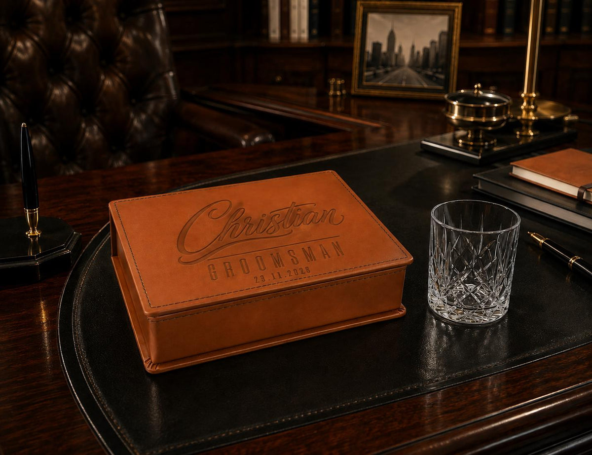 Personalised Father of the Bride or Father of the Groom hip flask gift set in a luxury tan presentation box.