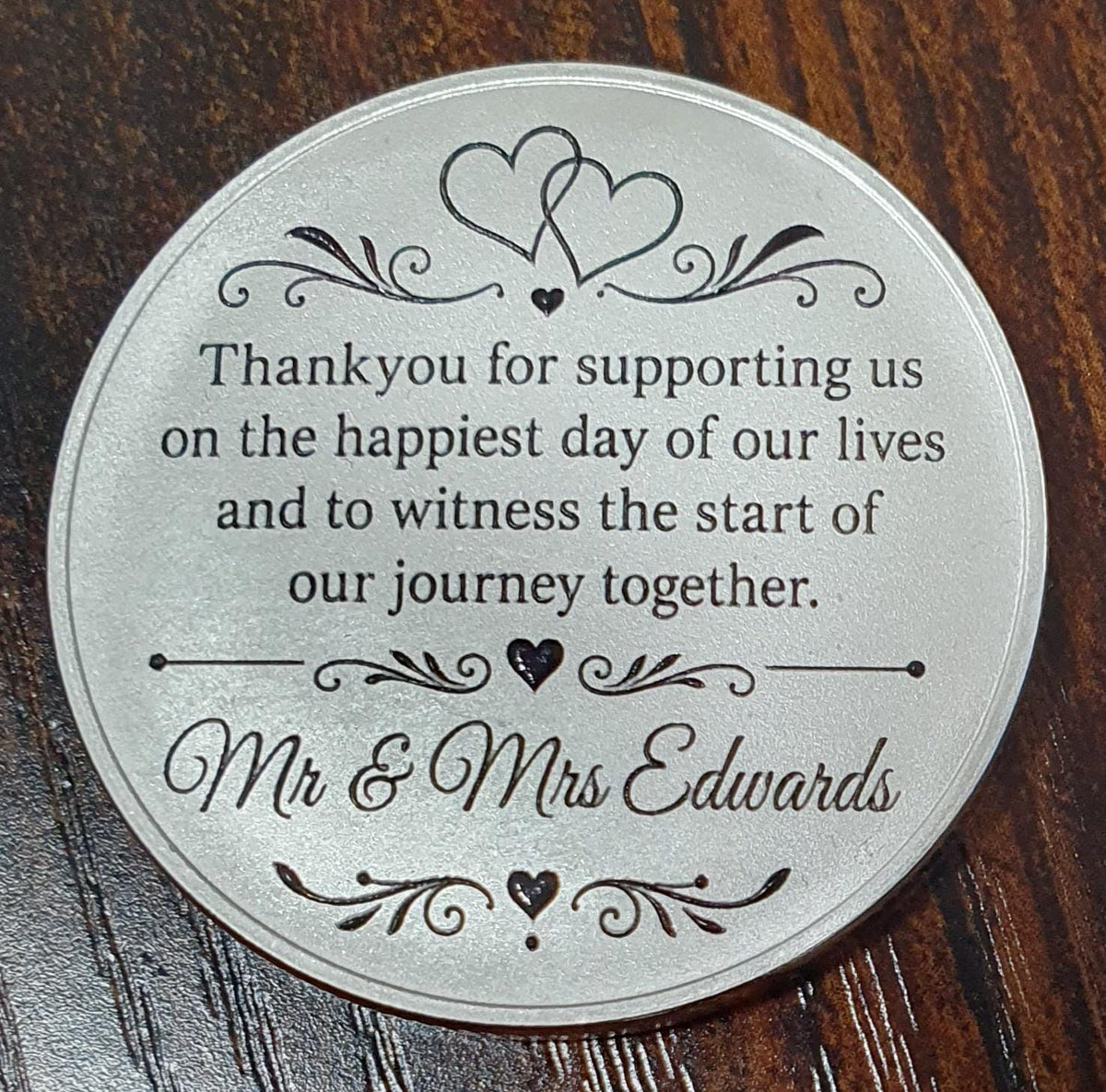 Reverse of custom wedding favour coin featuring a heartfelt thank you message from the new Mr & Mrs.