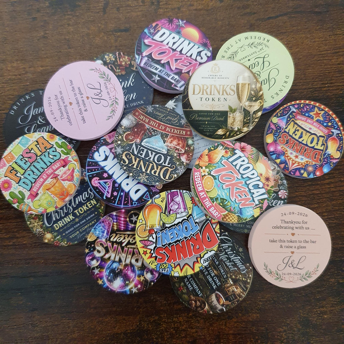 Double-sided Christmas Market drink token with free custom company logo printing on the reverse, perfect for festive fairs, Christmas markets, winter events and corporate celebrations.