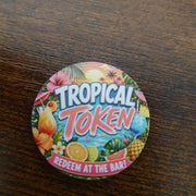 40mm Tropical Beach Drinks Token featuring palm trees, tropical cocktails, exotic fruit and "Redeem at the Bar" wording.