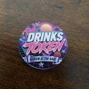 40mm Retro 80s Miami Drinks Token featuring neon sunset, palm trees and synthwave artwork with "Redeem at the Bar" text.