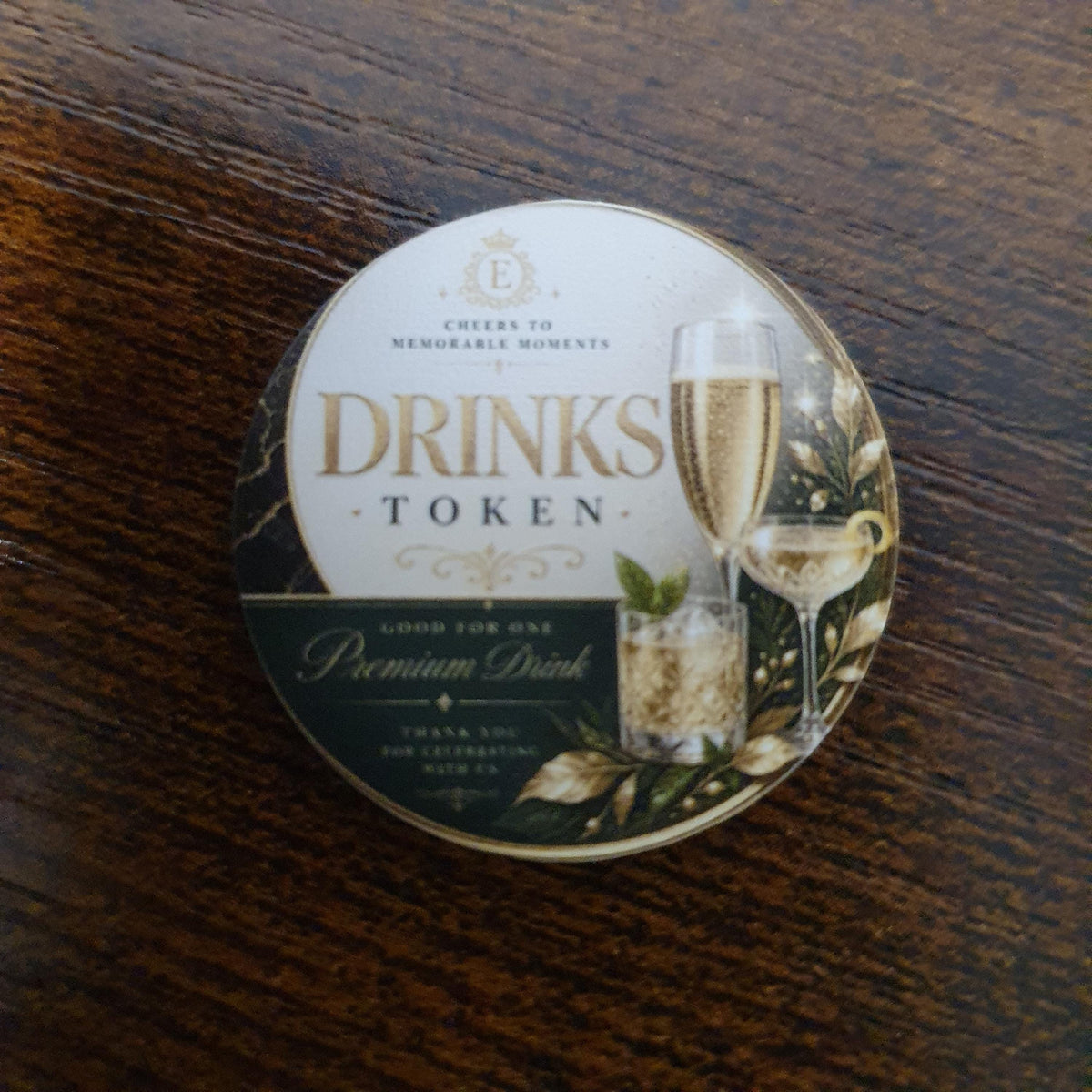 40mm Luxury Gold Drinks Token featuring elegant champagne cocktails, marble styling and premium "Redeem at the Bar" design.