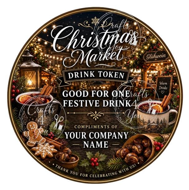 40mm Christmas drink token featuring festive hot chocolate mugs, candy canes, gingerbread biscuits, marshmallows and holiday sweets.