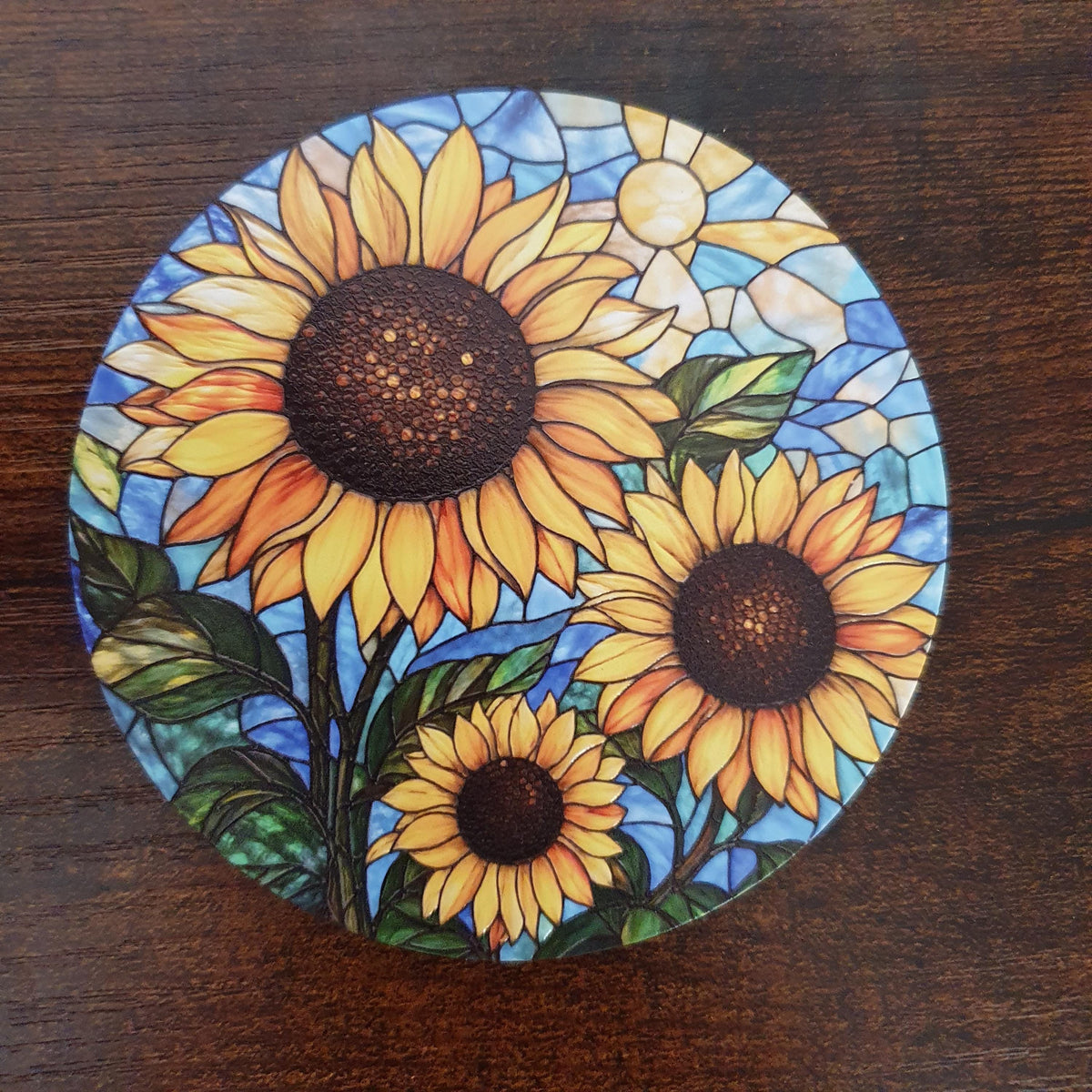 Sunflower Stained Glass Coaster, Floral Acrylic Drink Coaster with Cork Backing, Rustic Sunflower Decor, Summer Gift, Coaster Set
