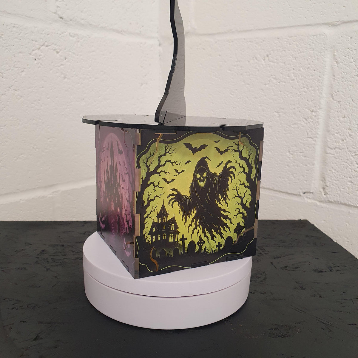 Halloween Jack O Lantern Light Box, Spooky LED Lantern, Witch Hat Halloween Decor, Haunted House Pumpkin Lamp, 10cm Cube